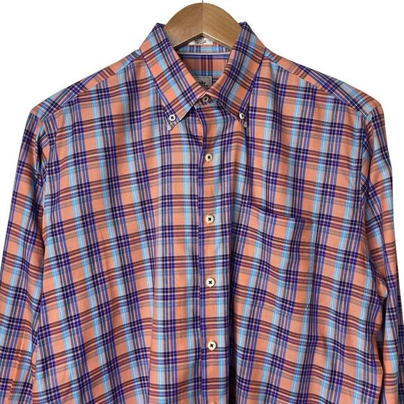 Peter Millar Mens Large Button Down Dress Shirt Plaid Orange Blue White - Picture 3 of 10